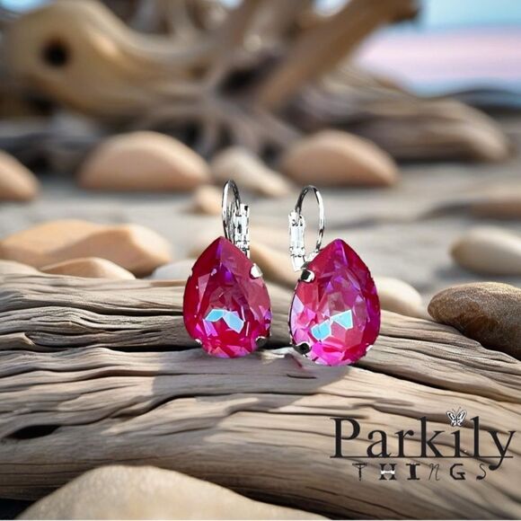 Earrings with reddish/pinkish Swarovski crystal - Picture 1 of 5